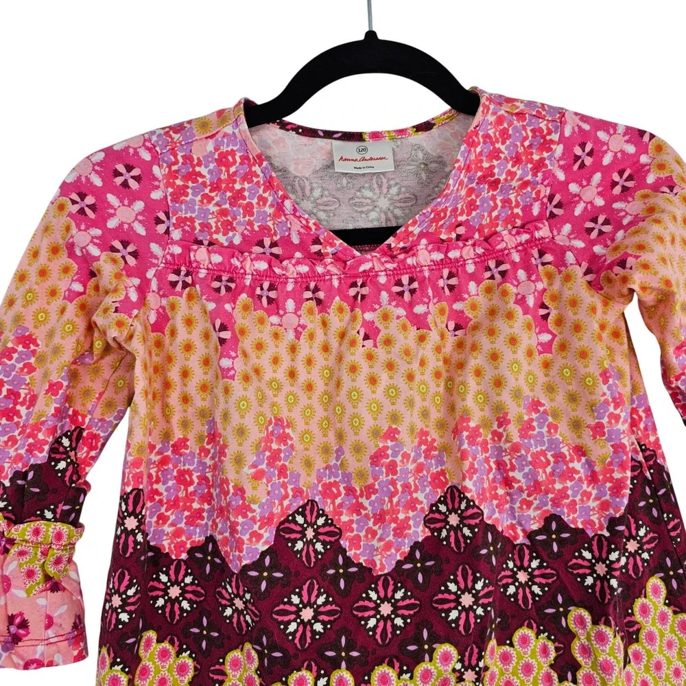 Hanna Andersson Kids Floral Print Ruffle‎ Sleeve Dress Size 6/7 Pink